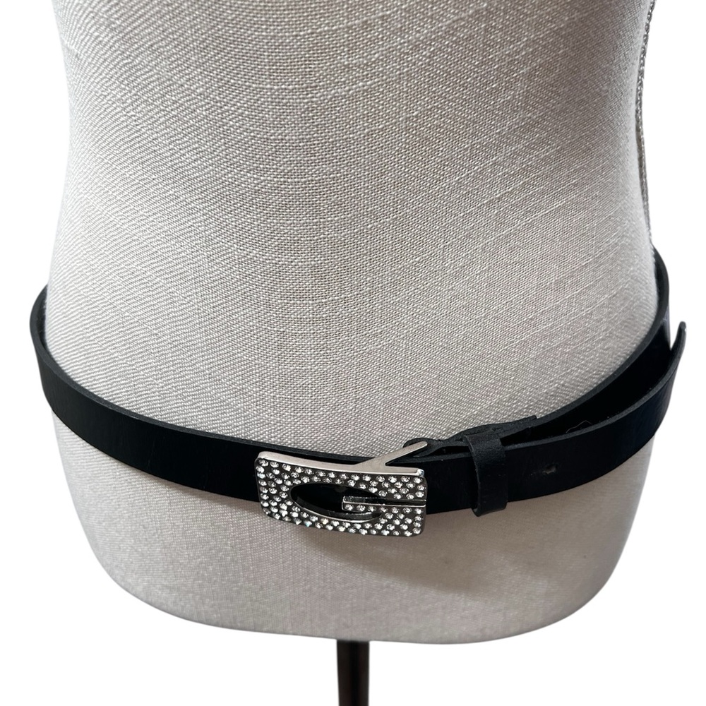 Women’s Black/Brown Guess Vintage Leather Belt Silver RHINESTONE Buckle Medium